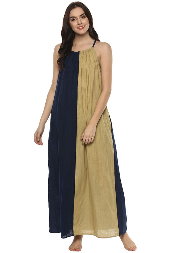 Beige Navy Blue Sleeveless Cotton Night Dress - unidra.myshopify.com