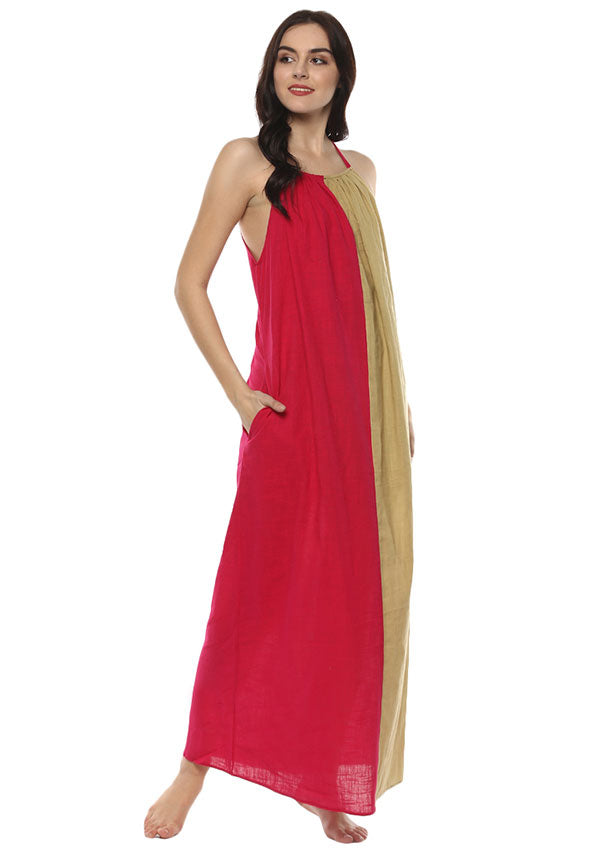 Beige Fuchsia Sleeveless Cotton Night Dress - unidra.myshopify.com