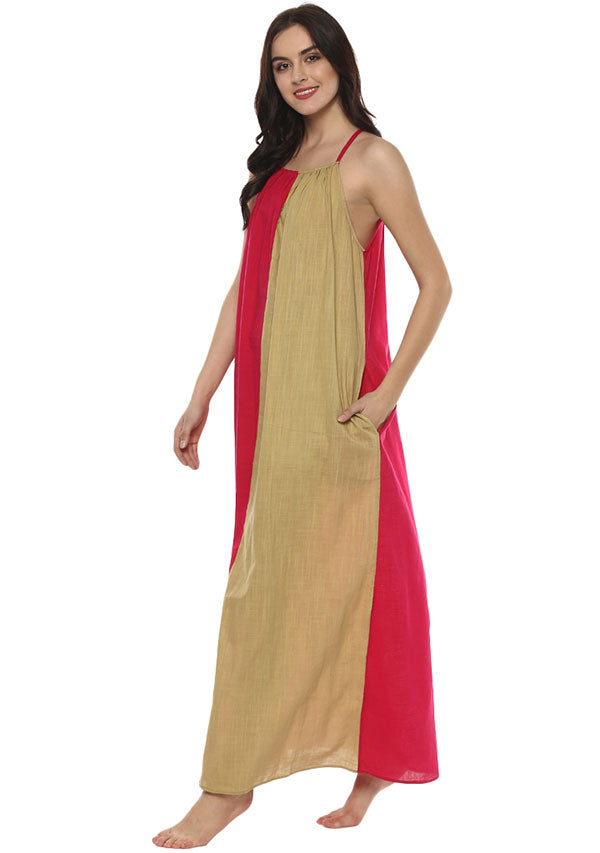 Beige Fuchsia Sleeveless Cotton Night Dress - unidra.myshopify.com
