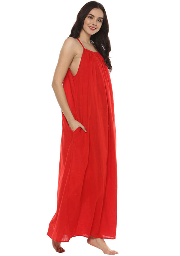 Red Cotton Sleeveless Night Dress - unidra.myshopify.com