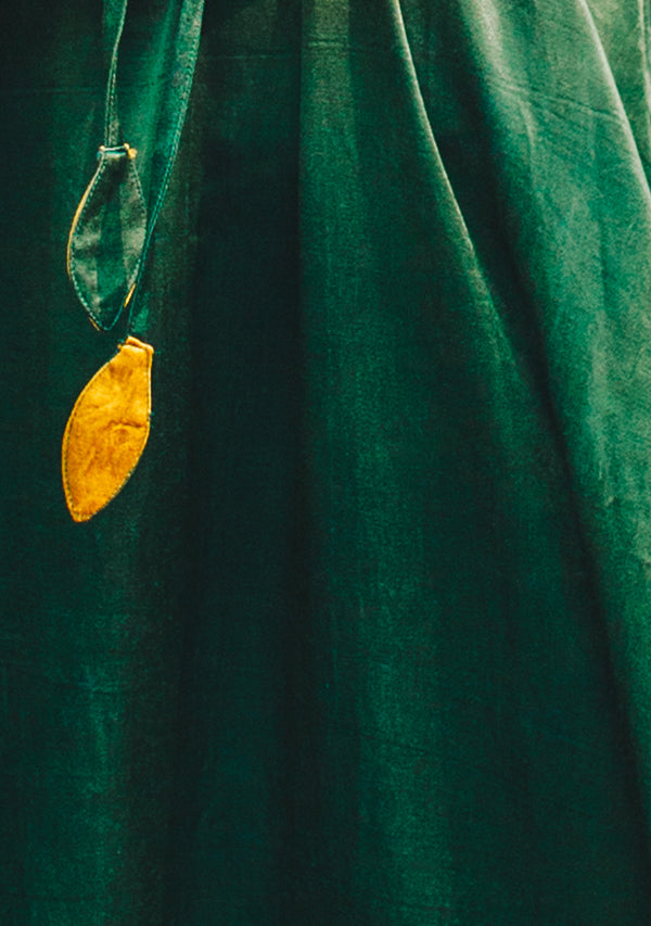 Bottle Green Mushru Luxury Kaftan with Tie-Up Waist and Contrast Mustard Trimmings - unidra.myshopify.com