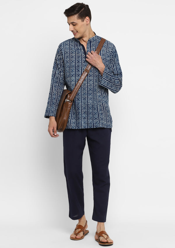 Indigo Ivory Hand Block Printed Cotton Shirt and Pyjamas For Men - unidra.myshopify.com
