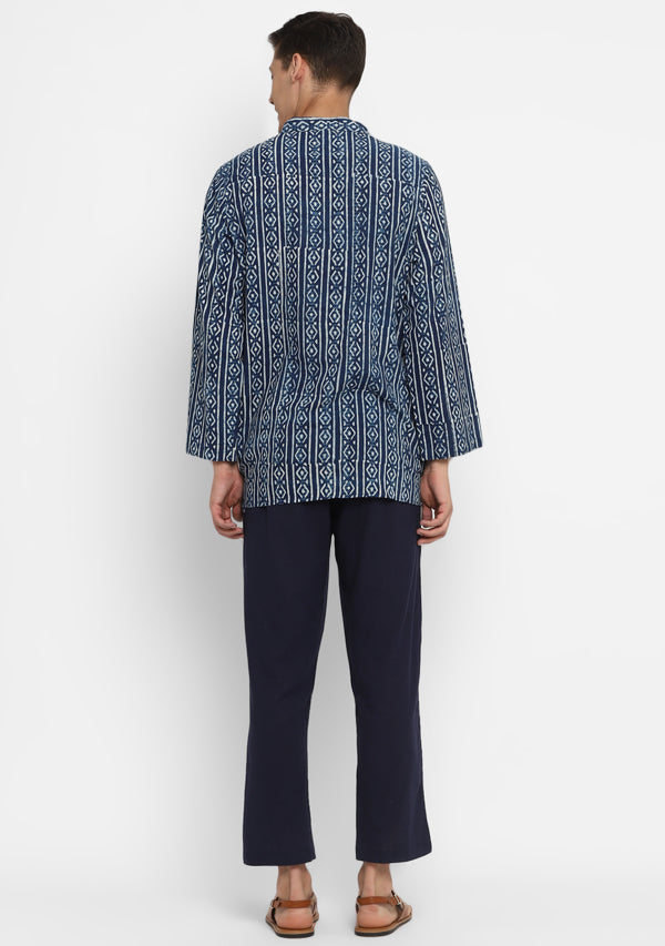 Indigo Ivory Hand Block Printed Cotton Shirt and Pyjamas For Men - unidra.myshopify.com