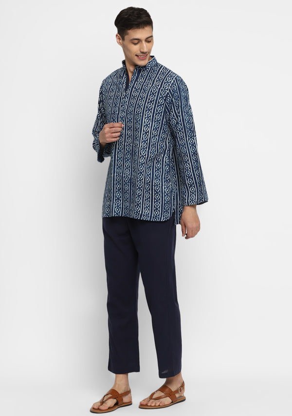 Indigo Ivory Hand Block Printed Cotton Shirt and Pyjamas For Men - unidra.myshopify.com