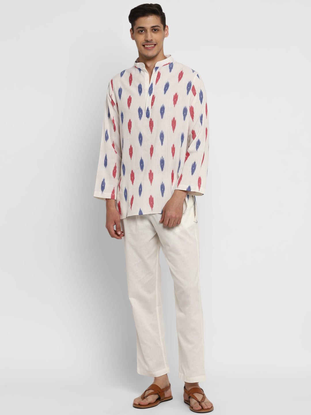 Ivory Blue and Red Ikat Weave Cotton Shirt and Pyjamas For Men - unidra.myshopify.com