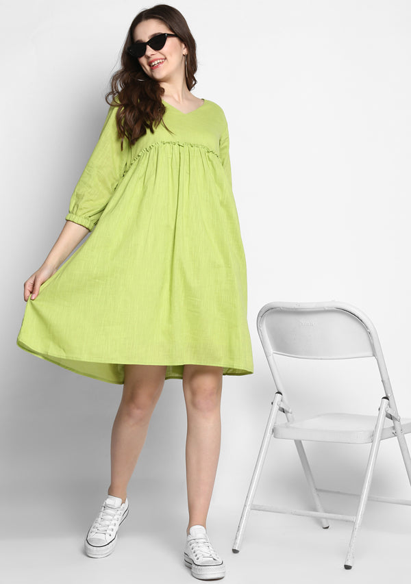Parrot Green Short Cotton Dress with Fitted Bodice and Gathers - unidra.myshopify.com