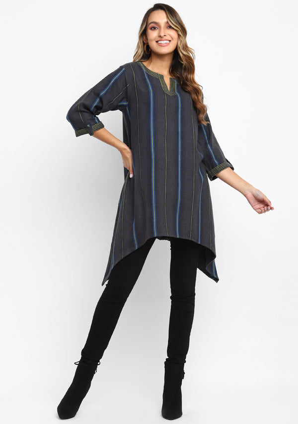 Flannel Grey Yellow Striped Asymmetric Tunic with Contrast Stitch Lines