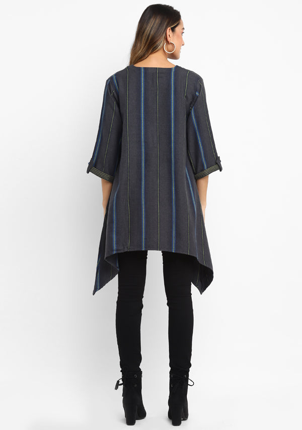 Flannel Grey Yellow Striped Asymmetric Tunic with Contrast Stitch Lines