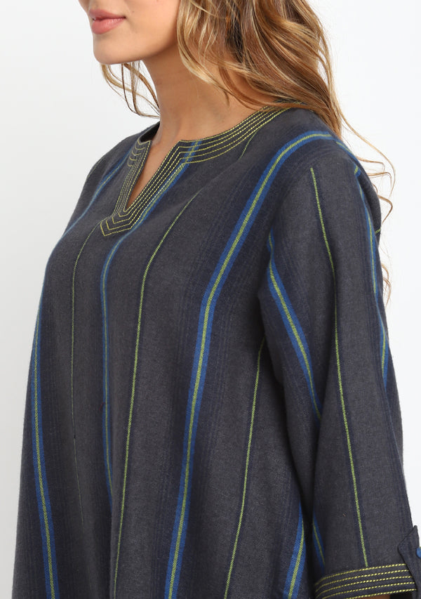 Flannel Grey Yellow Striped Asymmetric Tunic with Contrast Stitch Lines