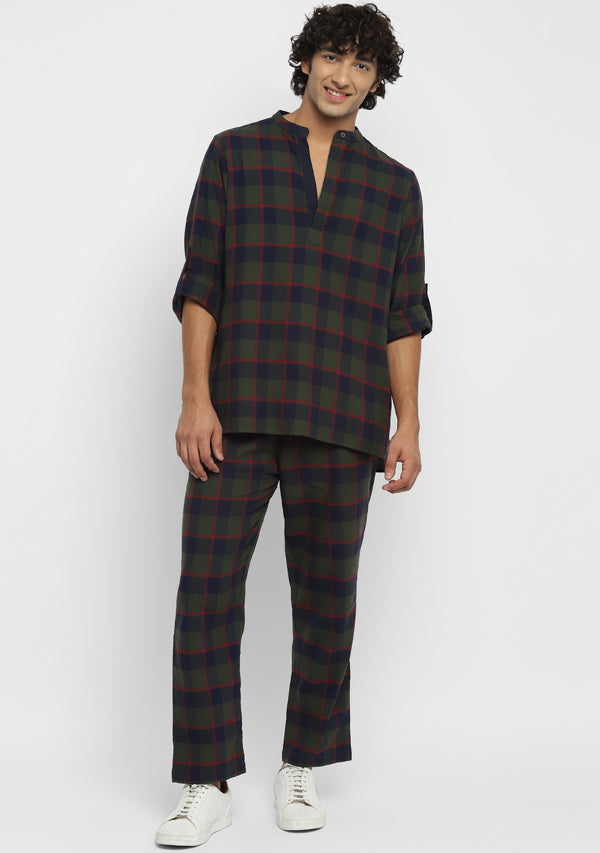 uNidraa Flannel Maroon Beige Check Shirt and Pyjamas For Men