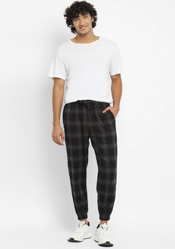 uNidraa Flannel Black Grey Checked Jogger Pants For Men