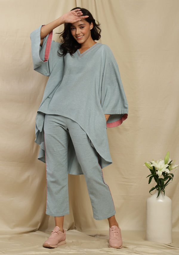 Flannel Blue Asymmetric Co-ord Set with Contrast Pink Trimmings
