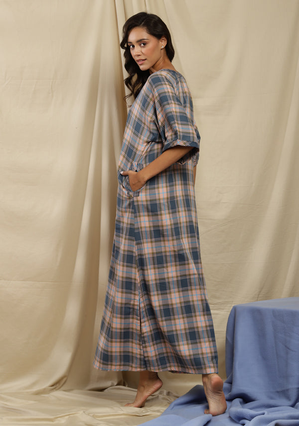 Flannel Pink Blue Checked Nighty Kaftan with Stitch Lines