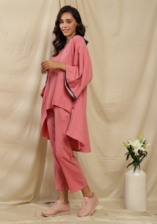 Flannel Pink Asymmetric Co-ord Set with Contrast Blue Trimmings