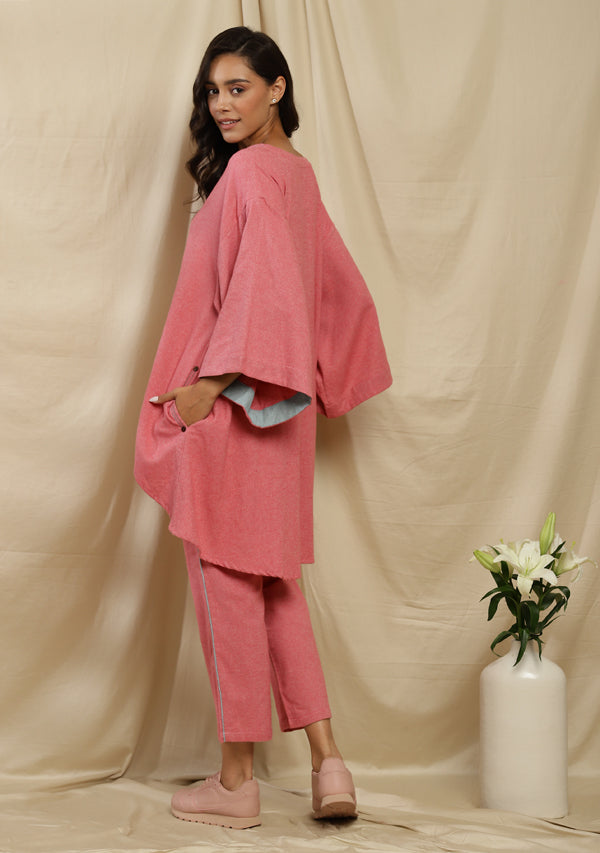 Flannel Pink Asymmetric Co-ord Set with Contrast Blue Trimmings