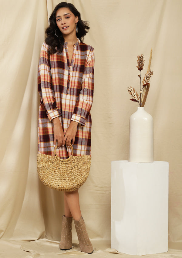 Flannel Rust Orange Checked Short Dress With Long Sleeves And Contrast Buttons