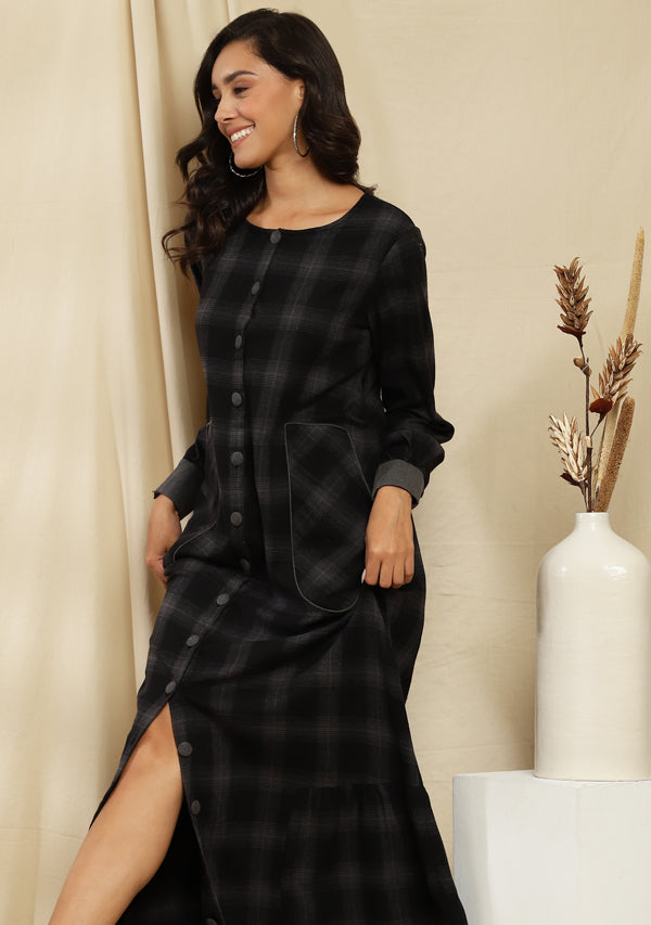 Flannel Black Grey Checked Long Dress With gathered Hemline