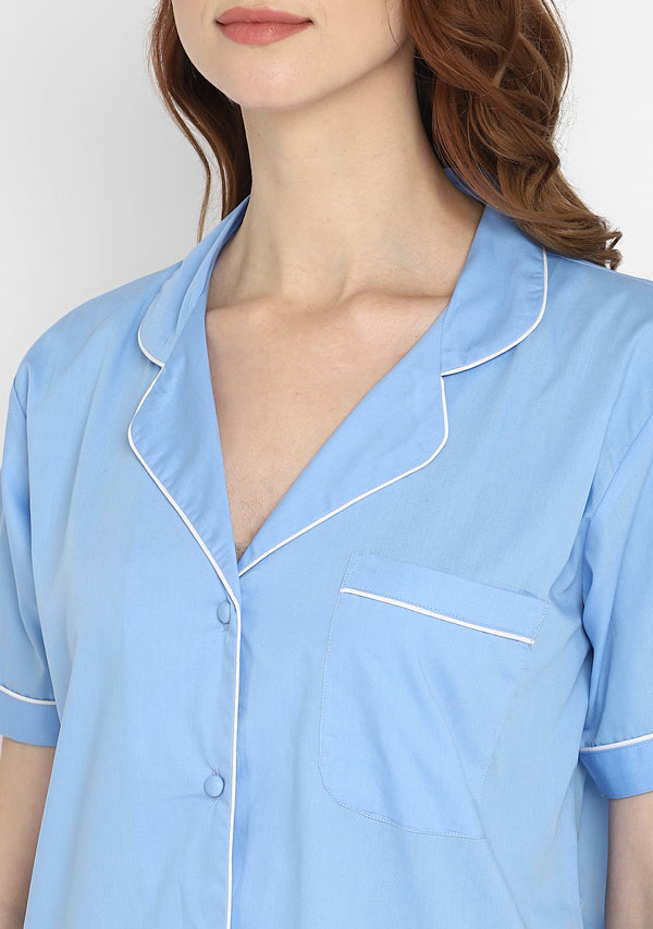 Blue Collared Short Sleeve Cotton Night Suit paired with Capris