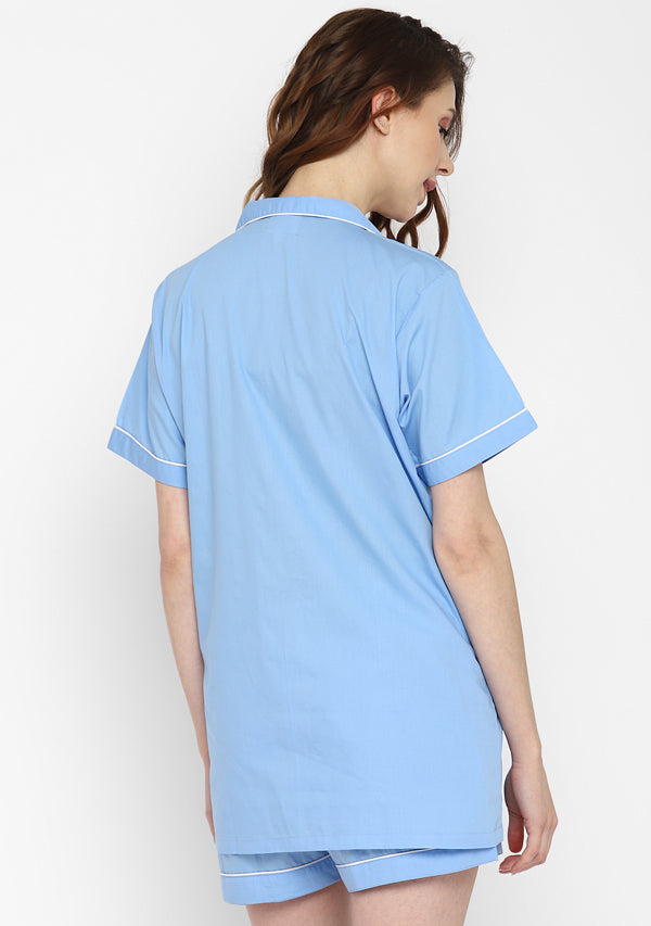 Blue Collared Short Sleeve Cotton Night Suit paired with Shorts