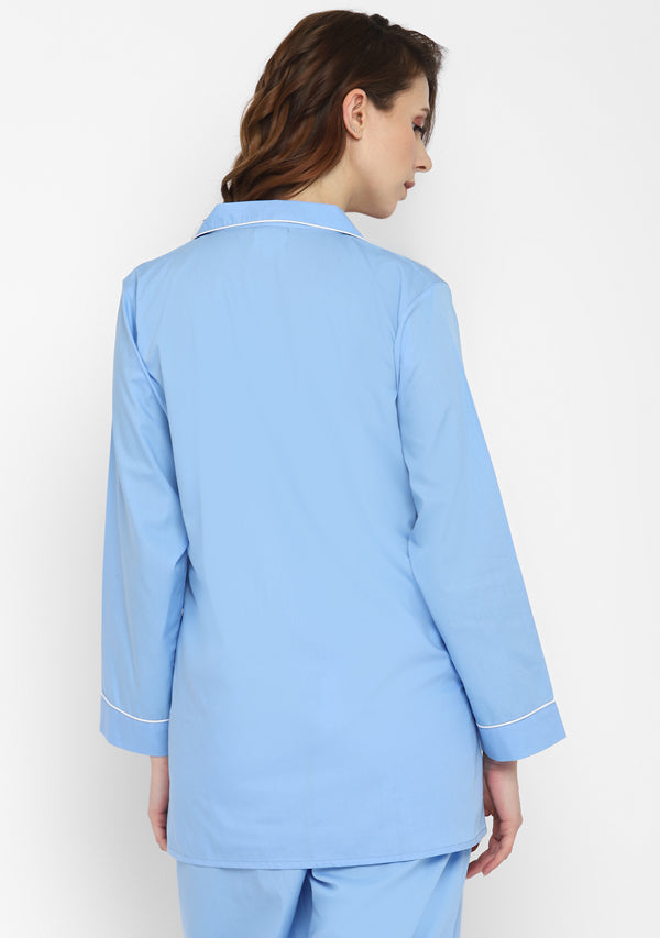 Blue Collared Long Sleeve Cotton Night Suit paired with Capris