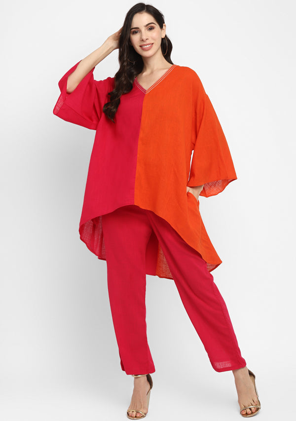 Fuchsia Orange Asymmetric Cotton Co-ord Set
