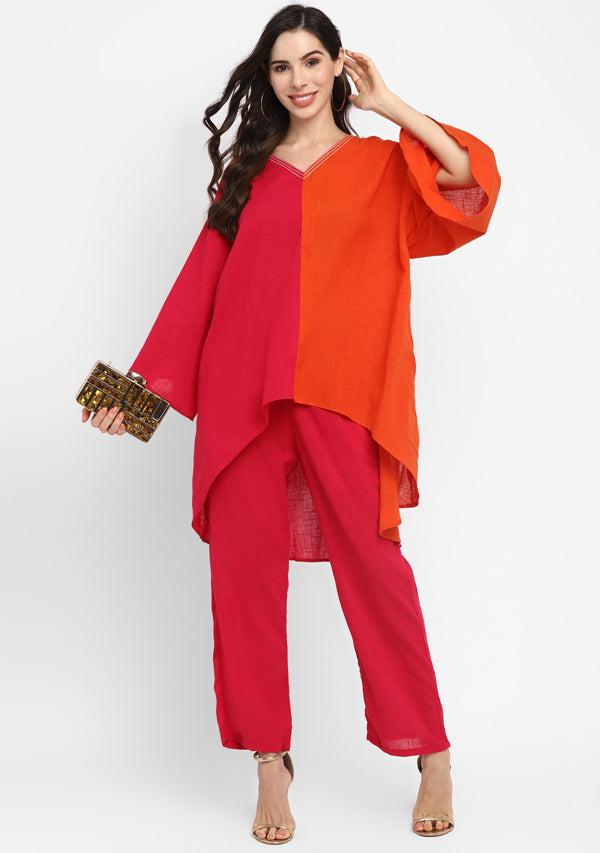 Fuchsia Orange Asymmetric Cotton Co-ord Set