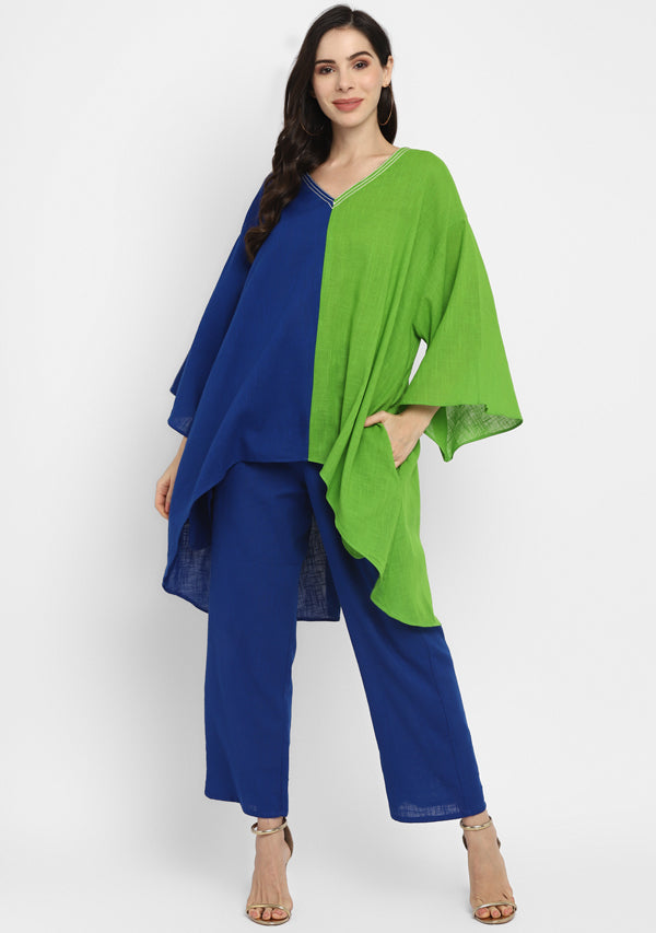 Royal Blue and Parrot Green Asymmetric Cotton Co-ord Set