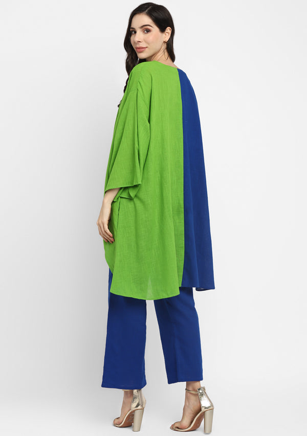 Royal Blue and Parrot Green Asymmetric Cotton Co-ord Set