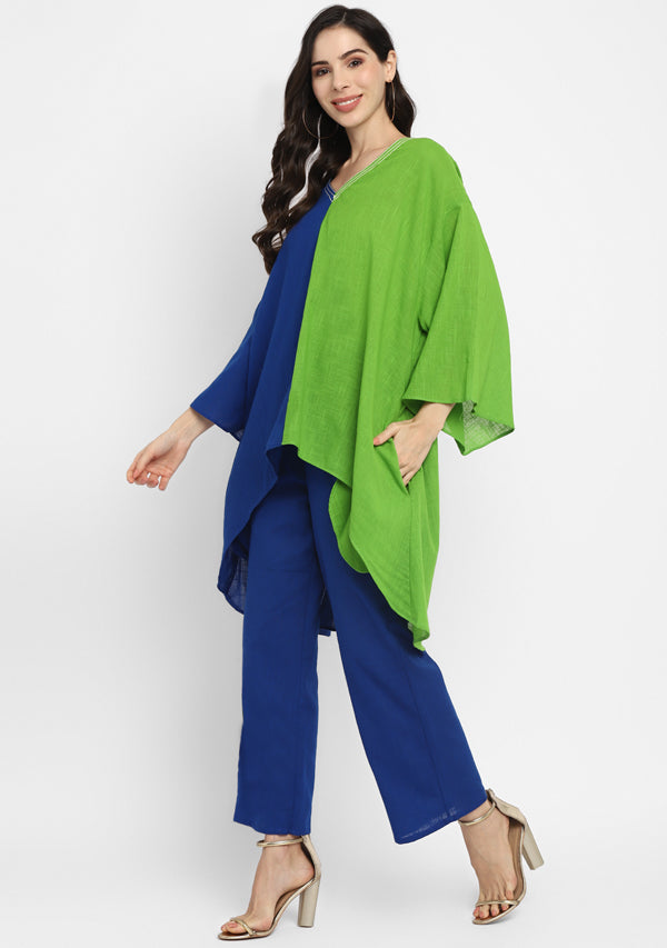 Royal Blue and Parrot Green Asymmetric Cotton Co-ord Set