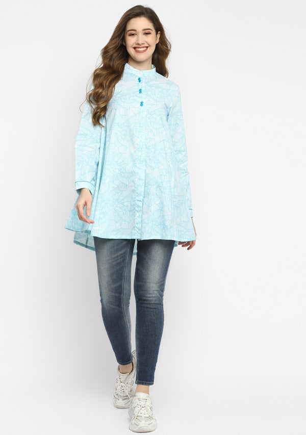 White Turquoise Leaf Print A-Line Tunic with Button Detail