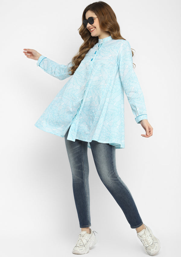 White Turquoise Leaf Print A-Line Tunic with Button Detail