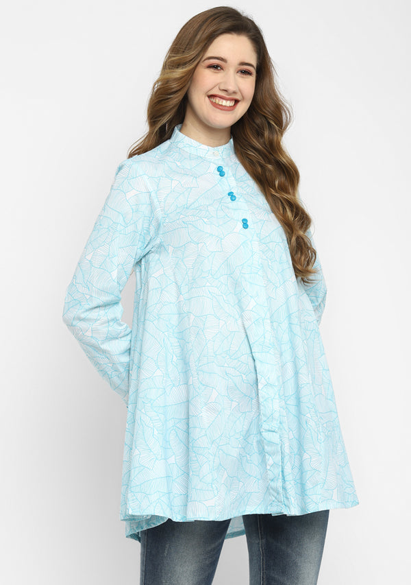White Turquoise Leaf Print A-Line Tunic with Button Detail
