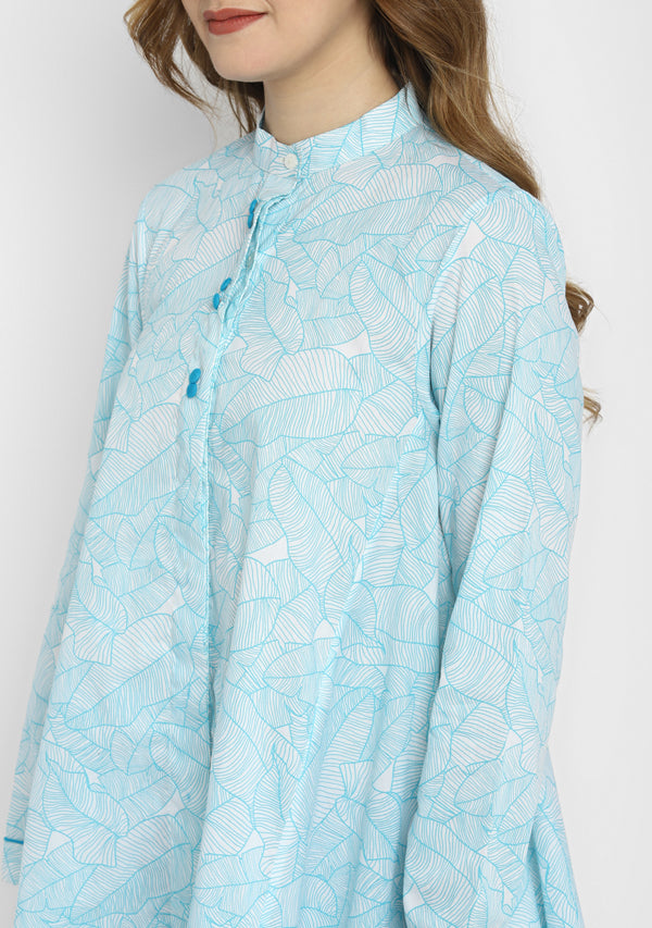 White Turquoise Leaf Print A-Line Tunic with Button Detail