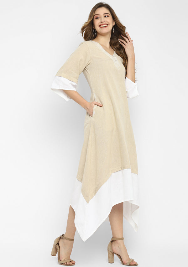 Beige and White Layered Side Tail Cotton Dress