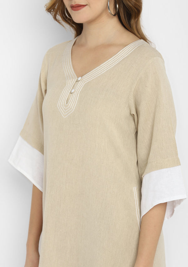 Beige and White Layered Side Tail Cotton Dress
