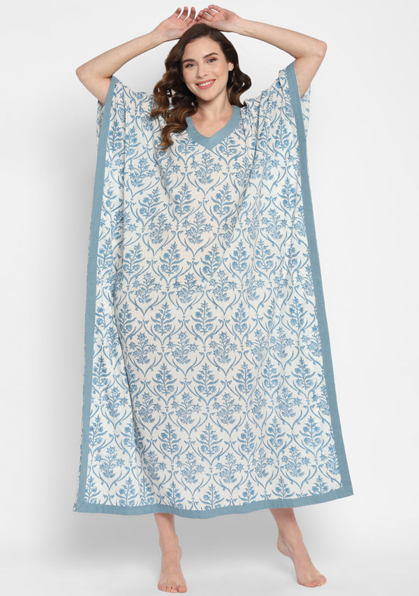 White Smoke Blue Hand Block Floral Printed V-Neck Cotton Kaftan