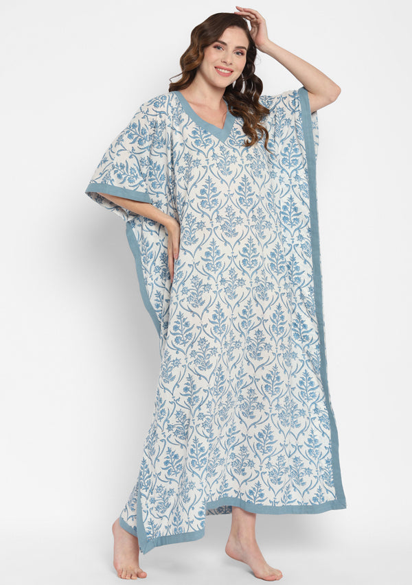 White Smoke Blue Hand Block Floral Printed V-Neck Cotton Kaftan