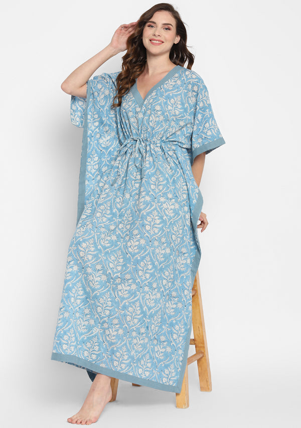 Smoke Blue White Hand Block Floral Printed V-Neck Cotton Kaftan
