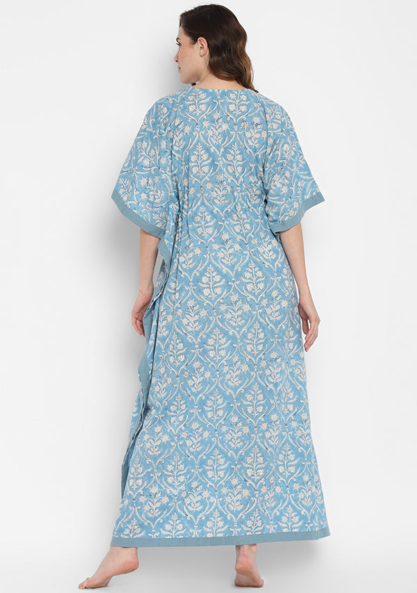 Smoke Blue White Hand Block Floral Printed V-Neck Cotton Kaftan