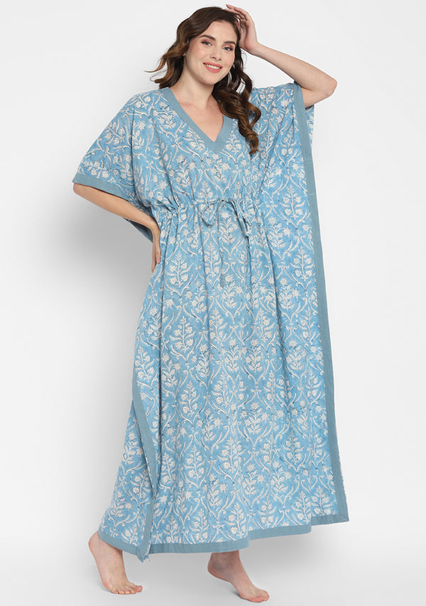 Smoke Blue White Hand Block Floral Printed V-Neck Cotton Kaftan