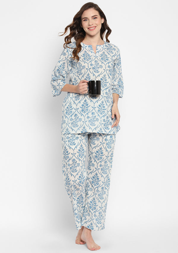 White Smoke Blue Hand Block Mughal Printed Cotton Night Suit