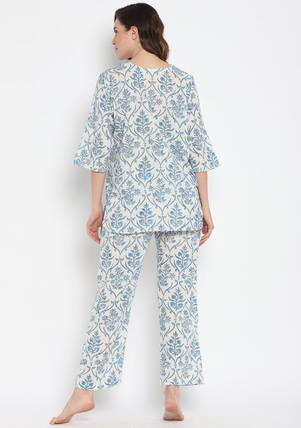 White Smoke Blue Hand Block Mughal Printed Cotton Night Suit