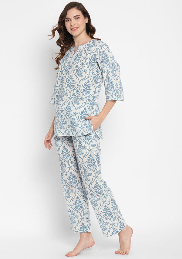 White Smoke Blue Hand Block Mughal Printed Cotton Night Suit