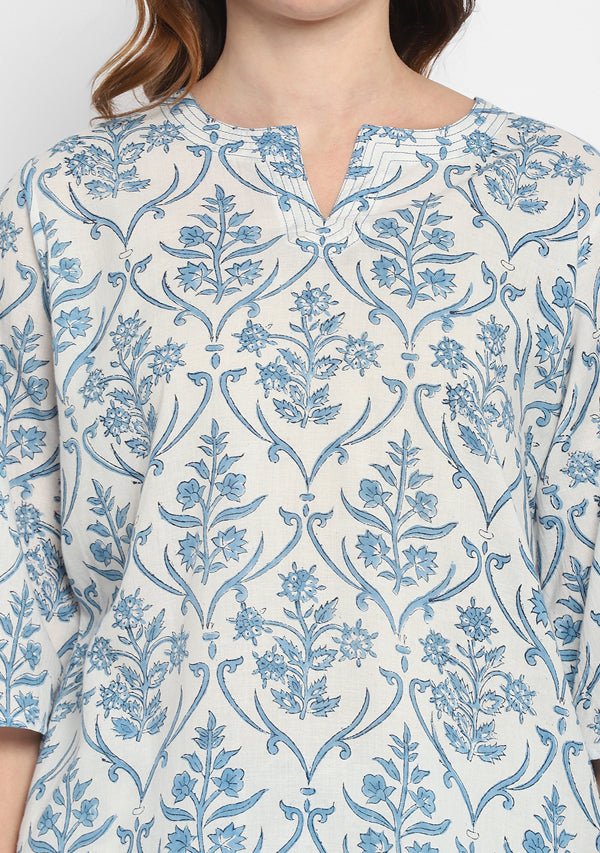 White Smoke Blue Hand Block Mughal Printed Cotton Night Suit