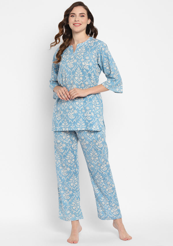 Blue White Hand Block Mughal Printed Cotton Night Suit