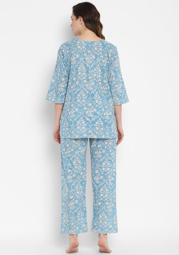 Blue White Hand Block Mughal Printed Cotton Night Suit