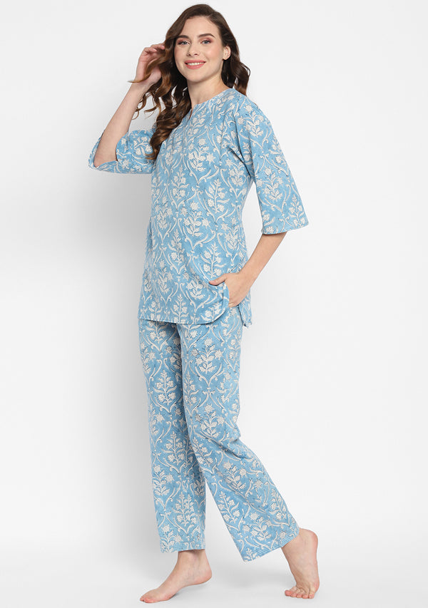 Blue White Hand Block Mughal Printed Cotton Night Suit