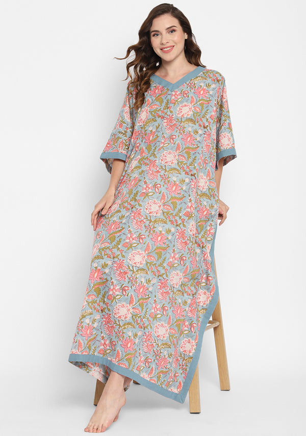 Smoke Blue Pink Hand Block Floral Printed V-Neck Cotton Kaftan