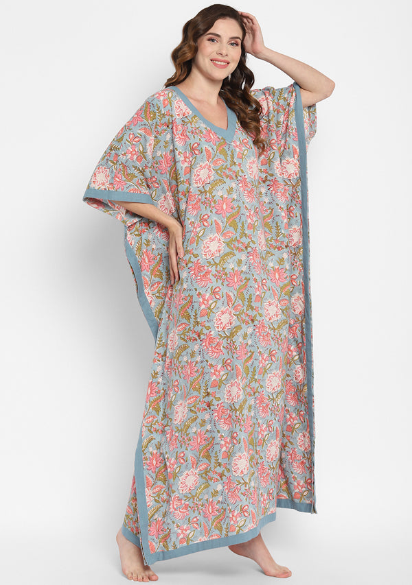 Smoke Blue Pink Hand Block Floral Printed V-Neck Cotton Kaftan