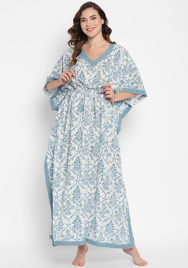 White Smoke Blue Hand Block Floral Printed V-Neck Cotton Kaftan